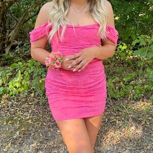 . Hello Molly Hot Pink Lace Ruched Mini | Off-Shoulder | Size S